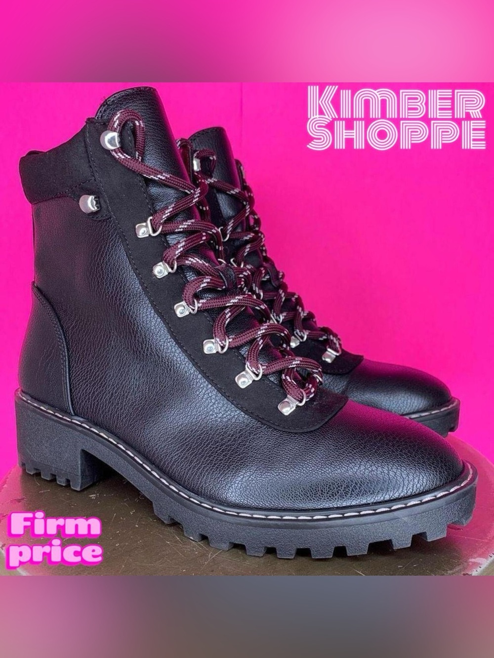 H&M Black Faux Leather Hiking Lace-Up Cushion Collar Lug Sole Boots US 8 EU 39